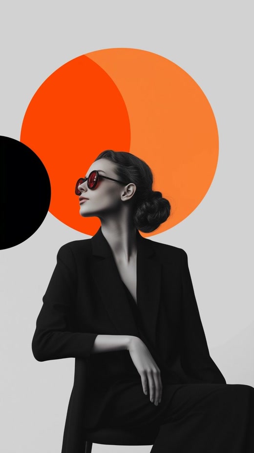 Black and white fashion reference with overlapping orange and black circles.