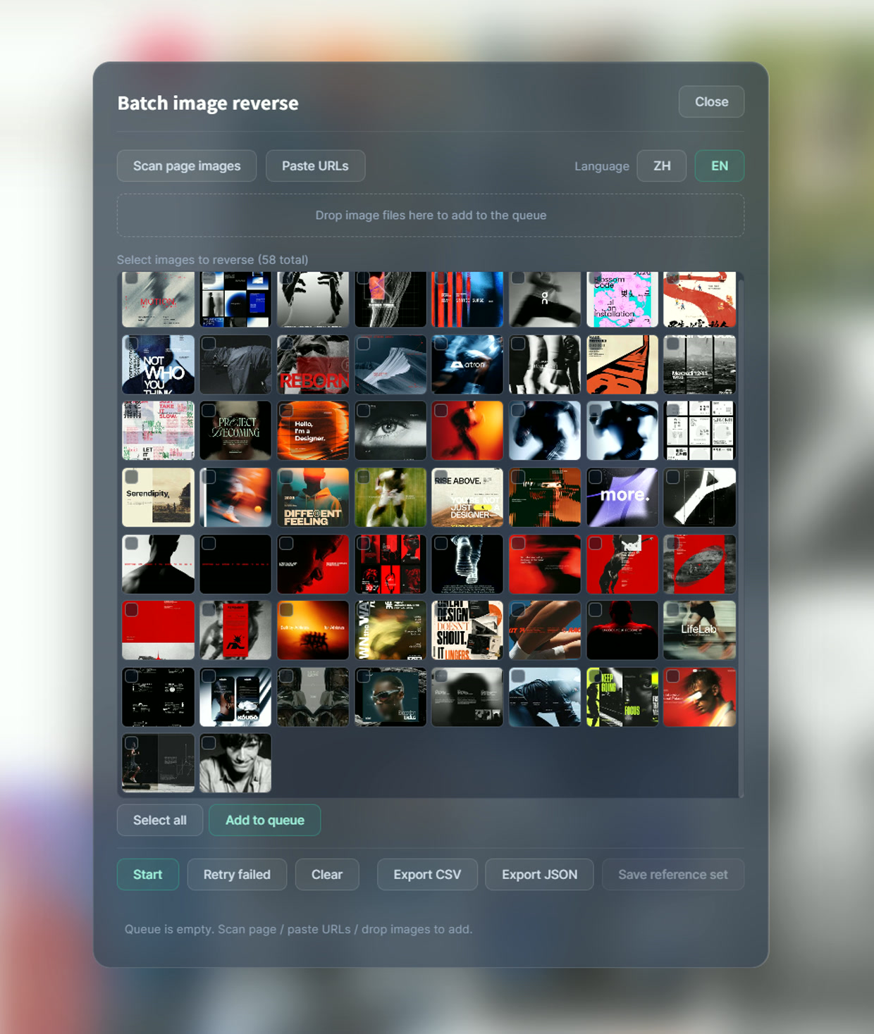 HyperPrompt Pro Batch Image Reverse showing a selected visual grid.
