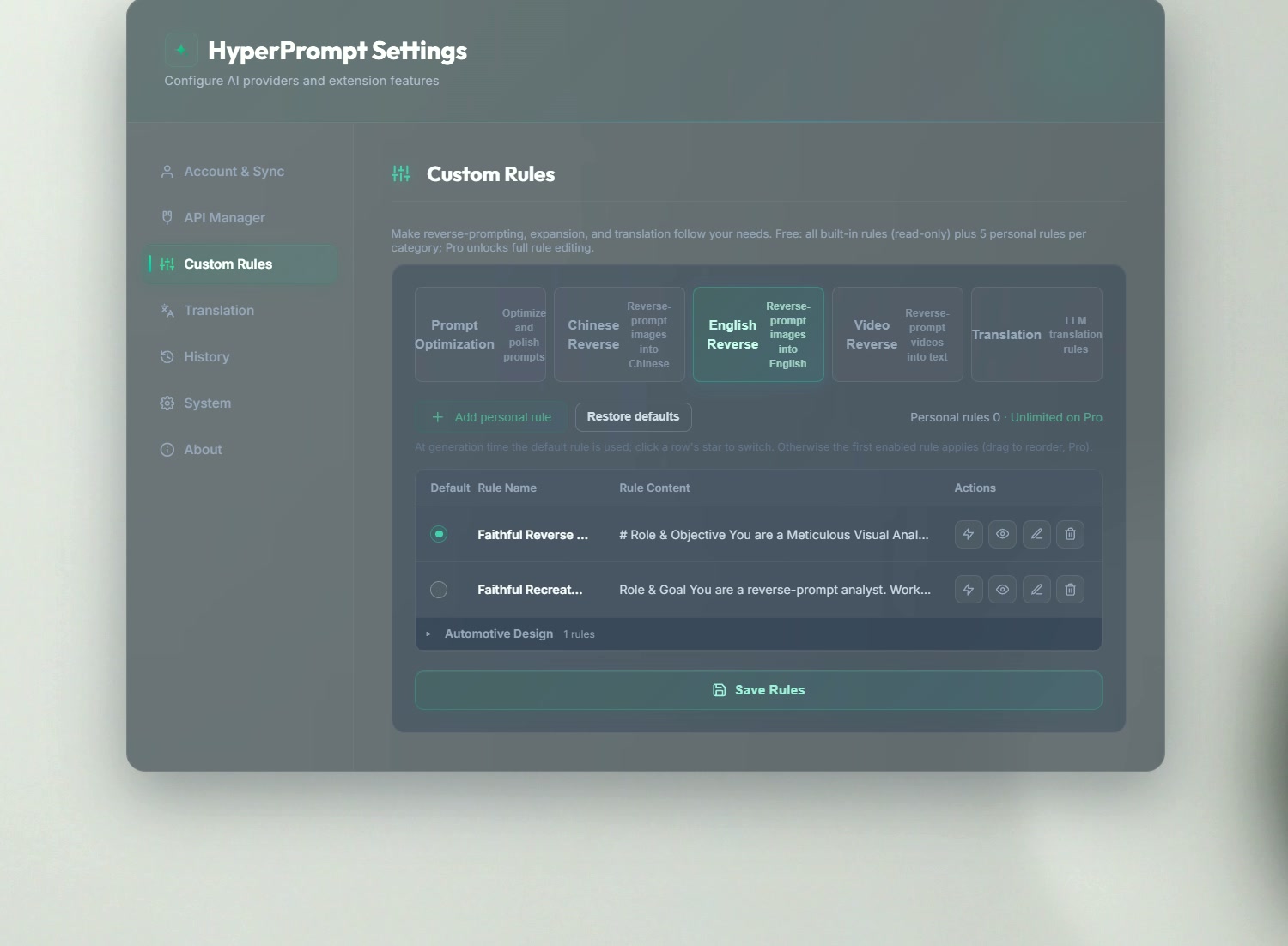 HyperPrompt Custom Rules settings with reverse, video and translation categories.