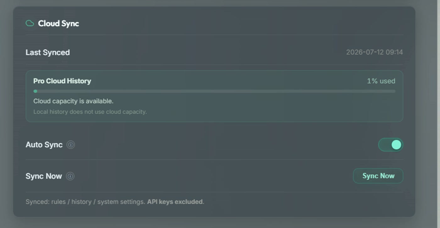 HyperPrompt Cloud Sync showing history usage, auto sync and that API keys are excluded.