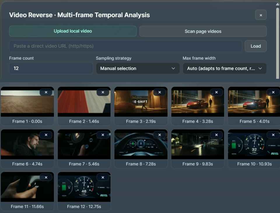 HyperPrompt Pro Video Reverse configured for twelve selected automotive frames.